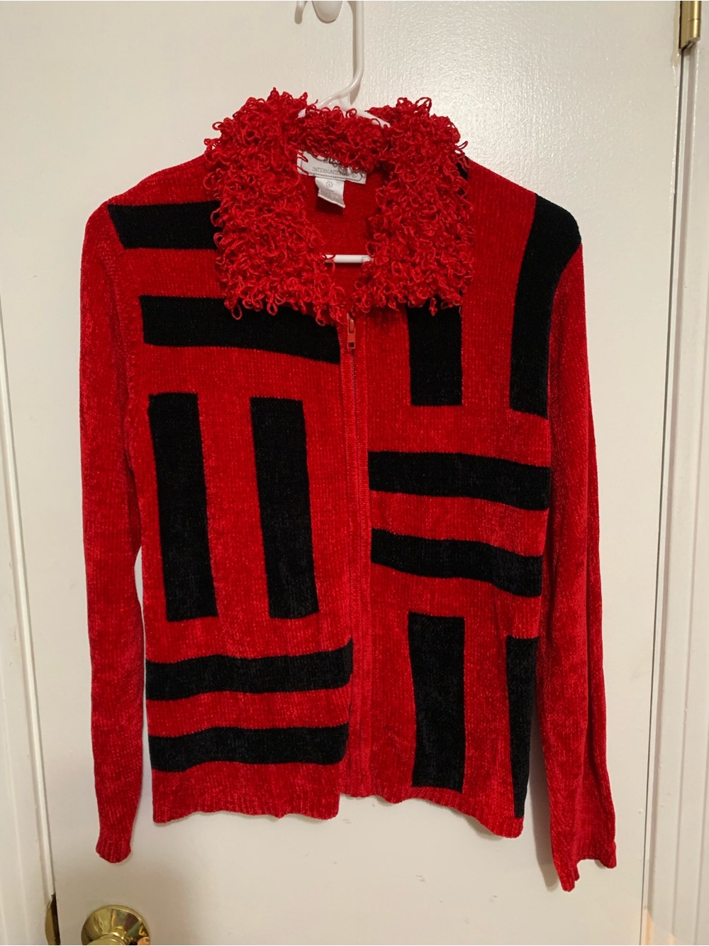 Lisa International Chenille Zip Sweater Jacket S Red Black Art Wear